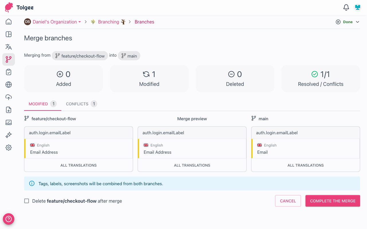 Modified tab showing three-column comparison view