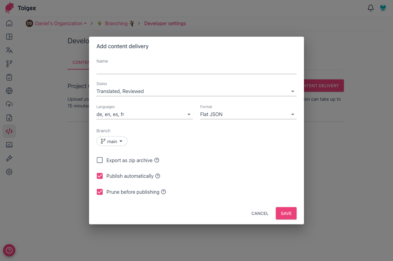 Add content delivery dialog showing Branch field set to main