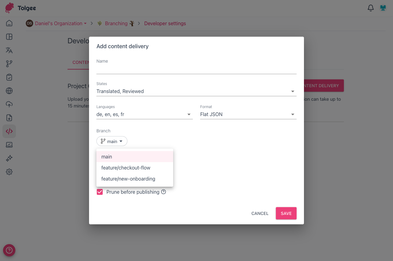 Branch dropdown in content delivery config showing available branches