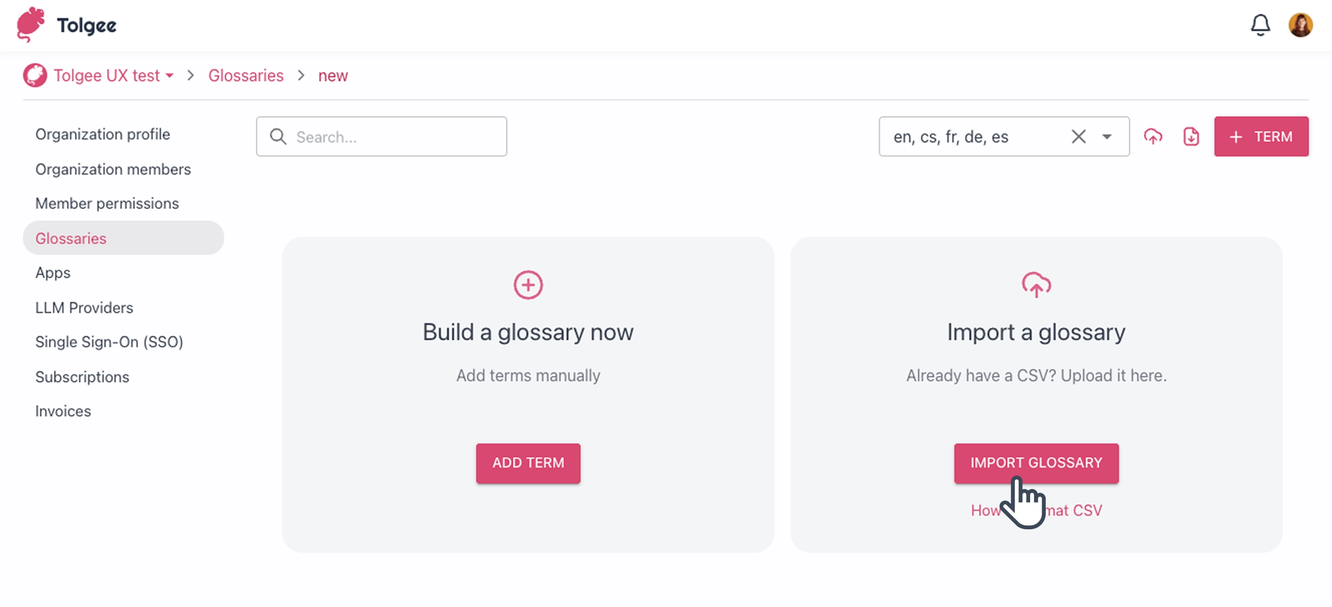 Import a glossary from a CSV file